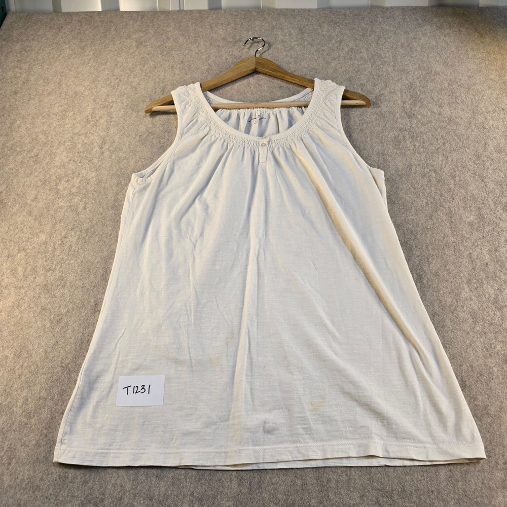 Eddie Bauer Womens Large White Sleeveless Slub Knit Gathered Neck Tank Top T1231